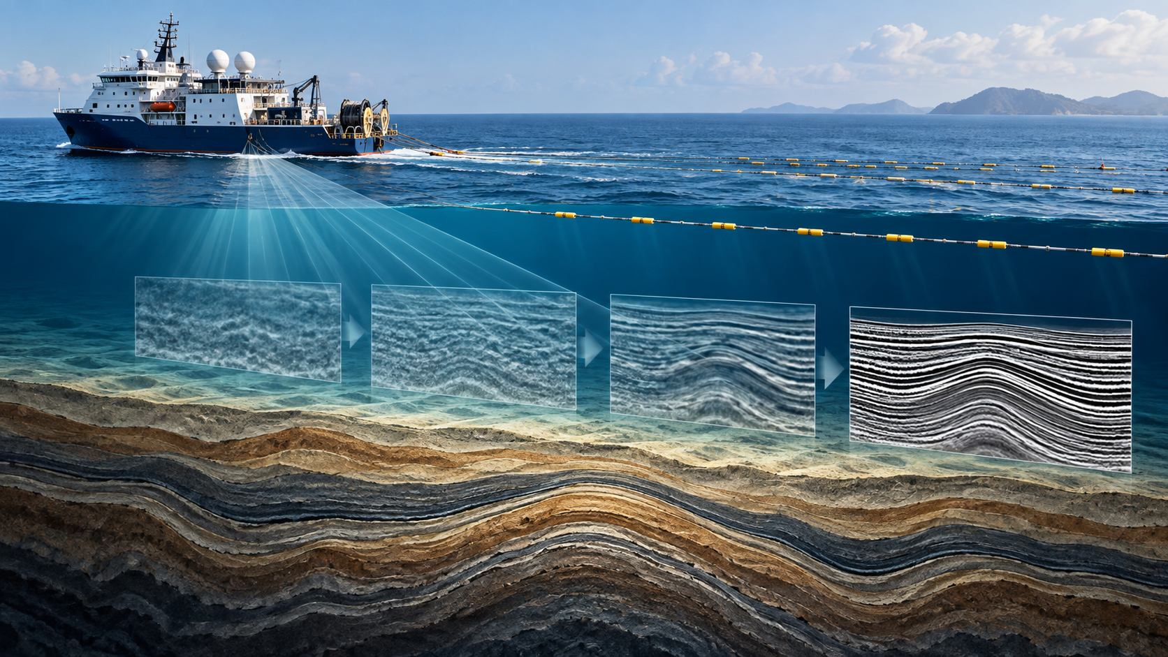 Conceptual marine seismic survey and progressive processing of subsurface reflection data offshore Asia