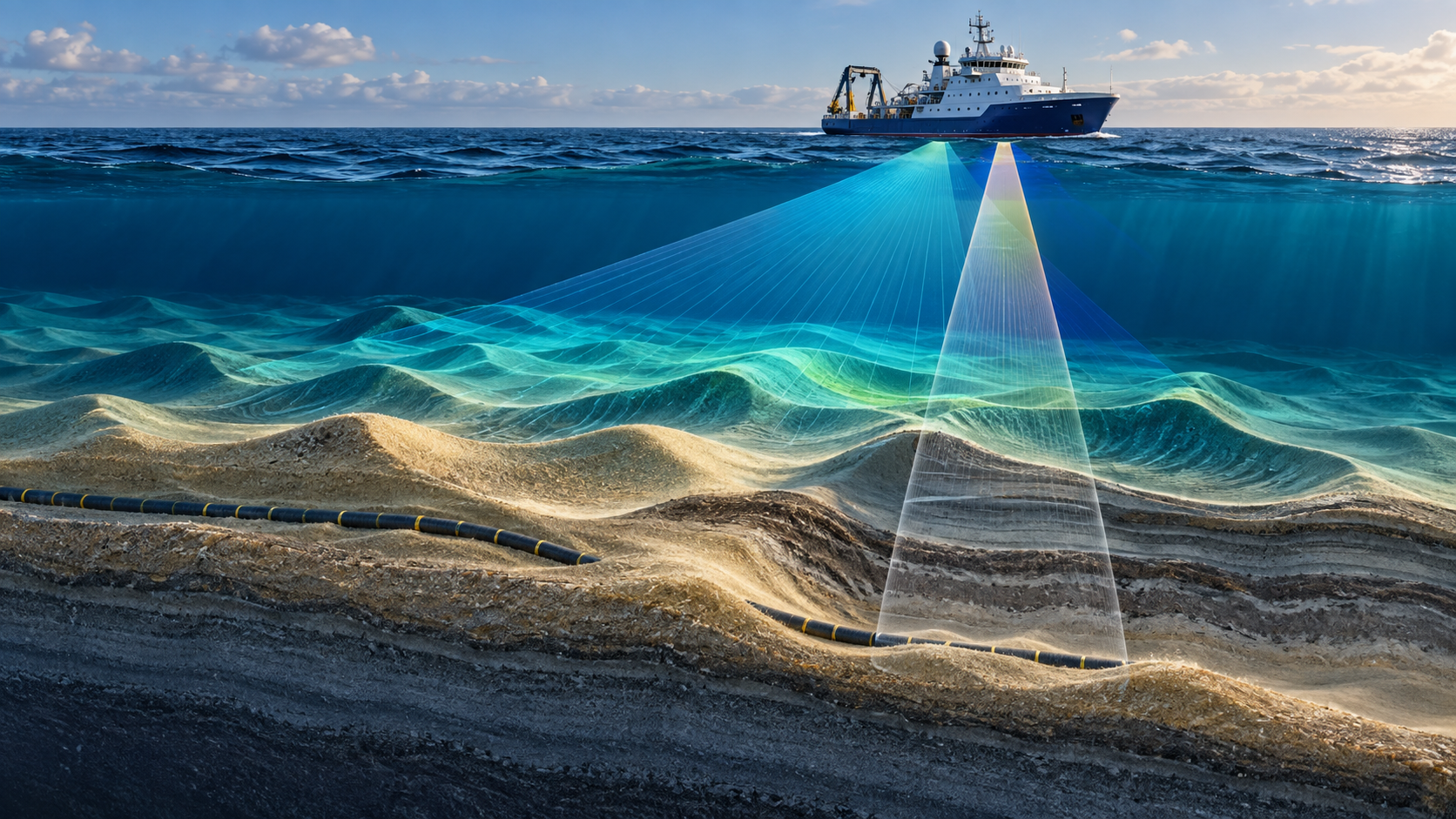 Conceptual seabed sand waves and buried offshore cable assessed with sonar, multibeam bathymetry and sub-bottom profiling
