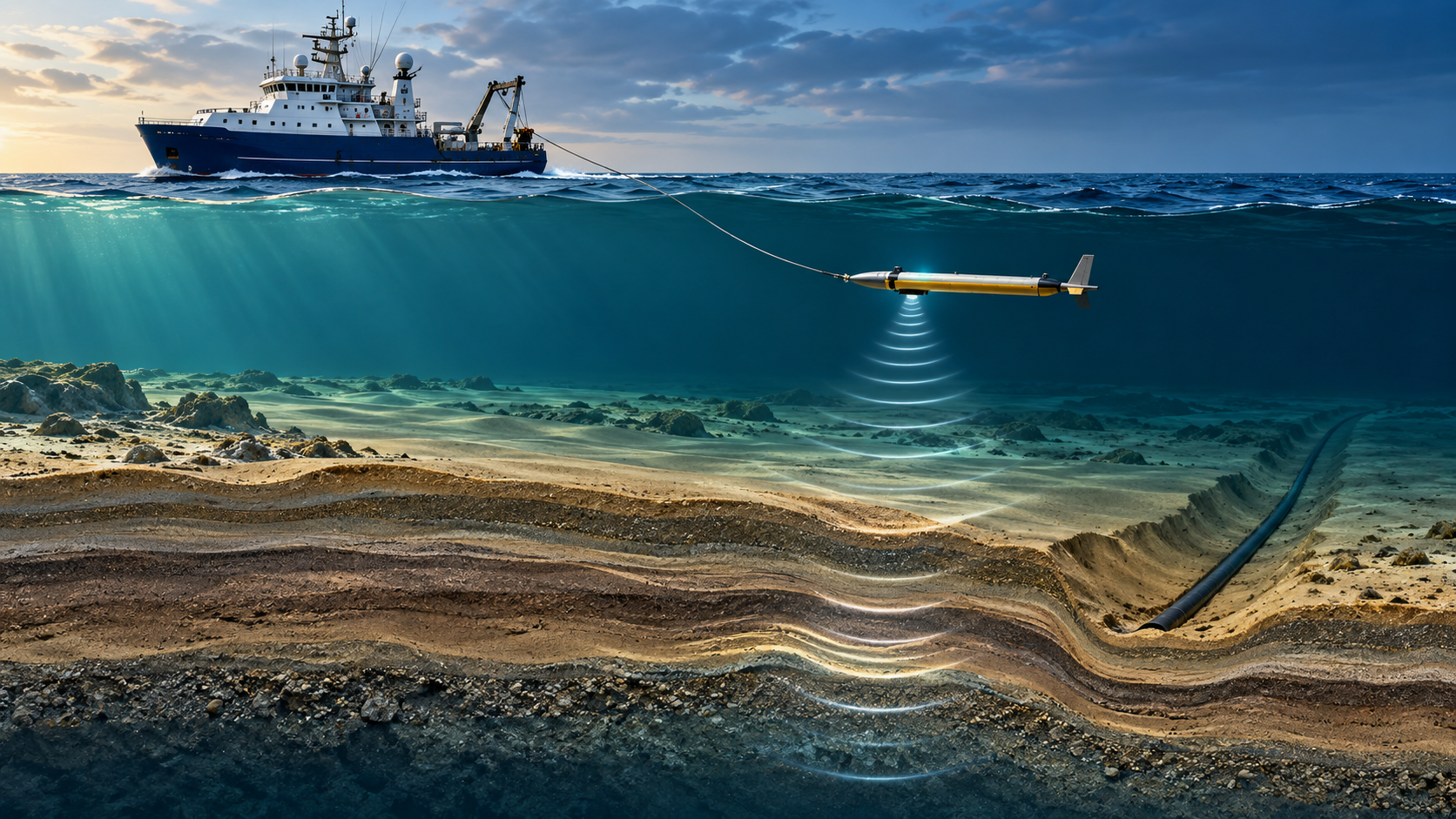 Conceptual marine survey vessel towing a sub-bottom profiler above layered seabed along a proposed cable corridor