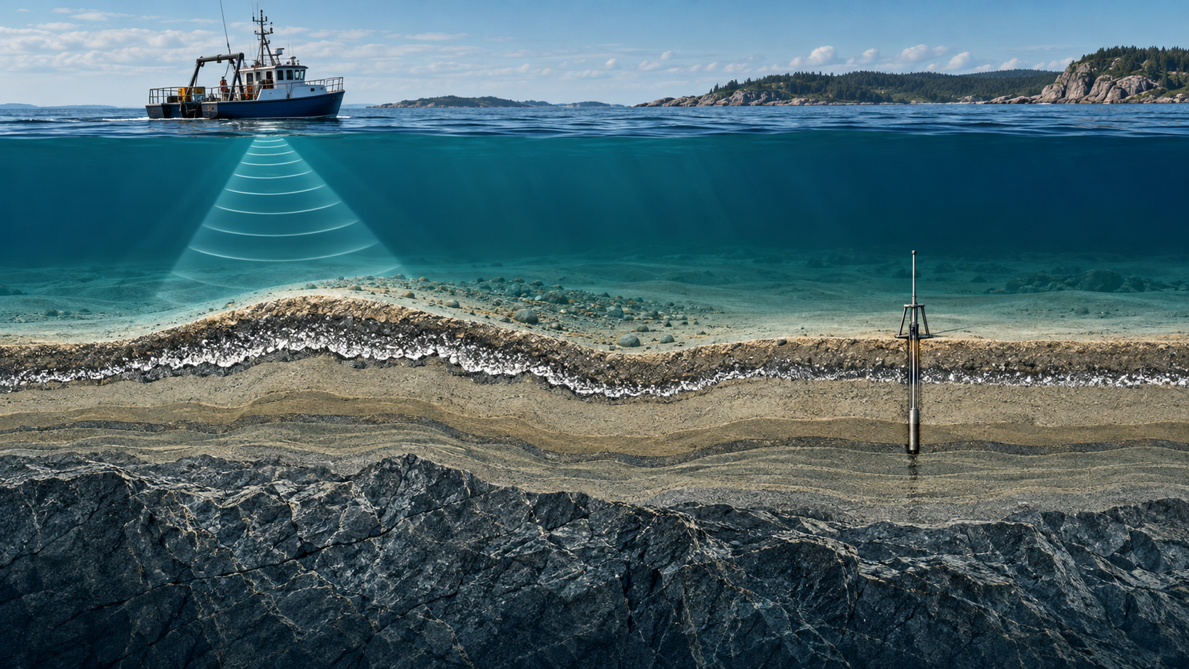 Conceptual sub-bottom profiler reflector and seabed layers along a cable corridor