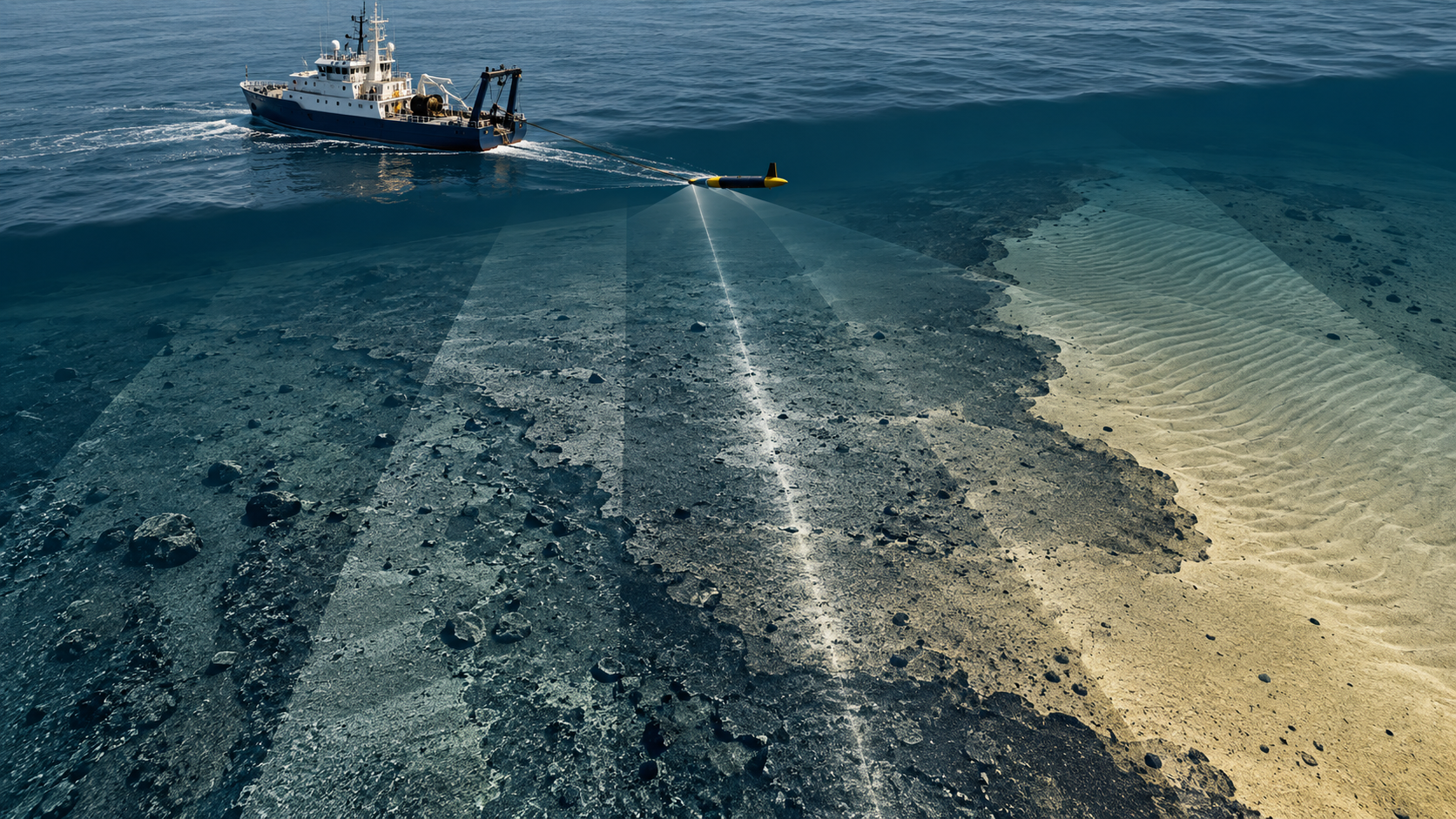 Conceptual side-scan sonar mosaic showing an acquisition-related brightness seam across a seabed survey
