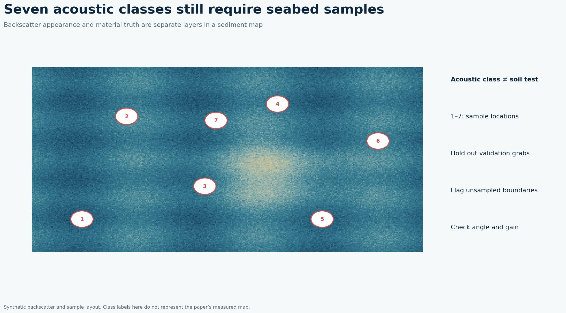 Synthetic multibeam backscatter mosaic with seven marked seabed sampling locations