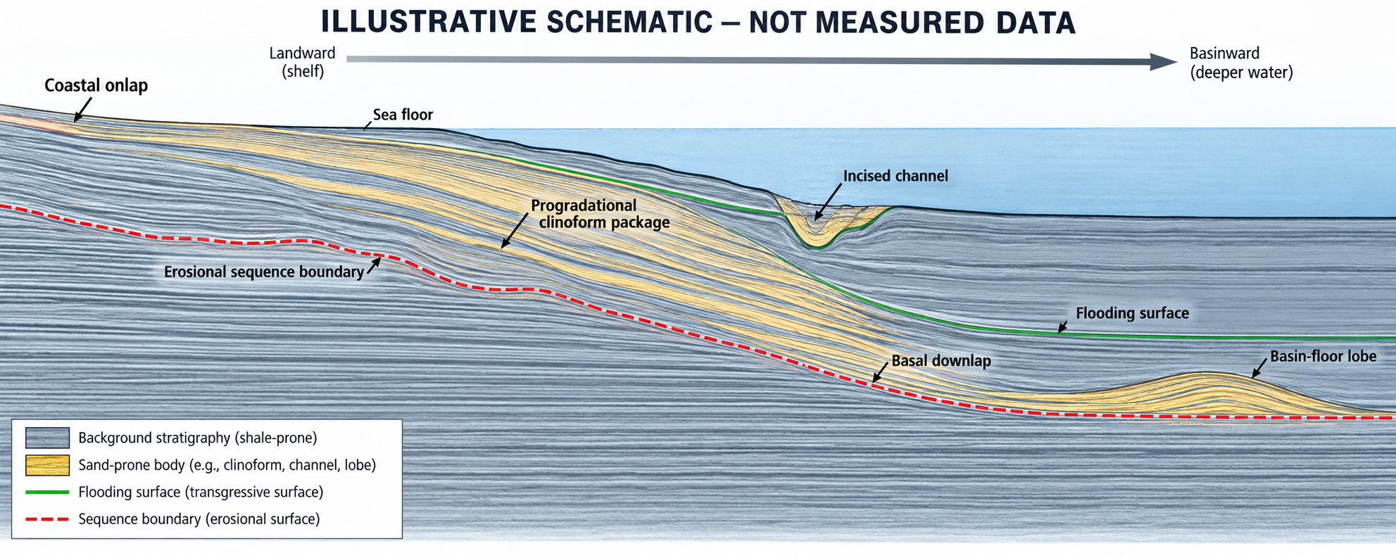Illustrative shelf-to-basin seismic-stratigraphy schematic showing clinoform progradation, coastal onlap, an incised channel and basin-floor lobe; not measured data.