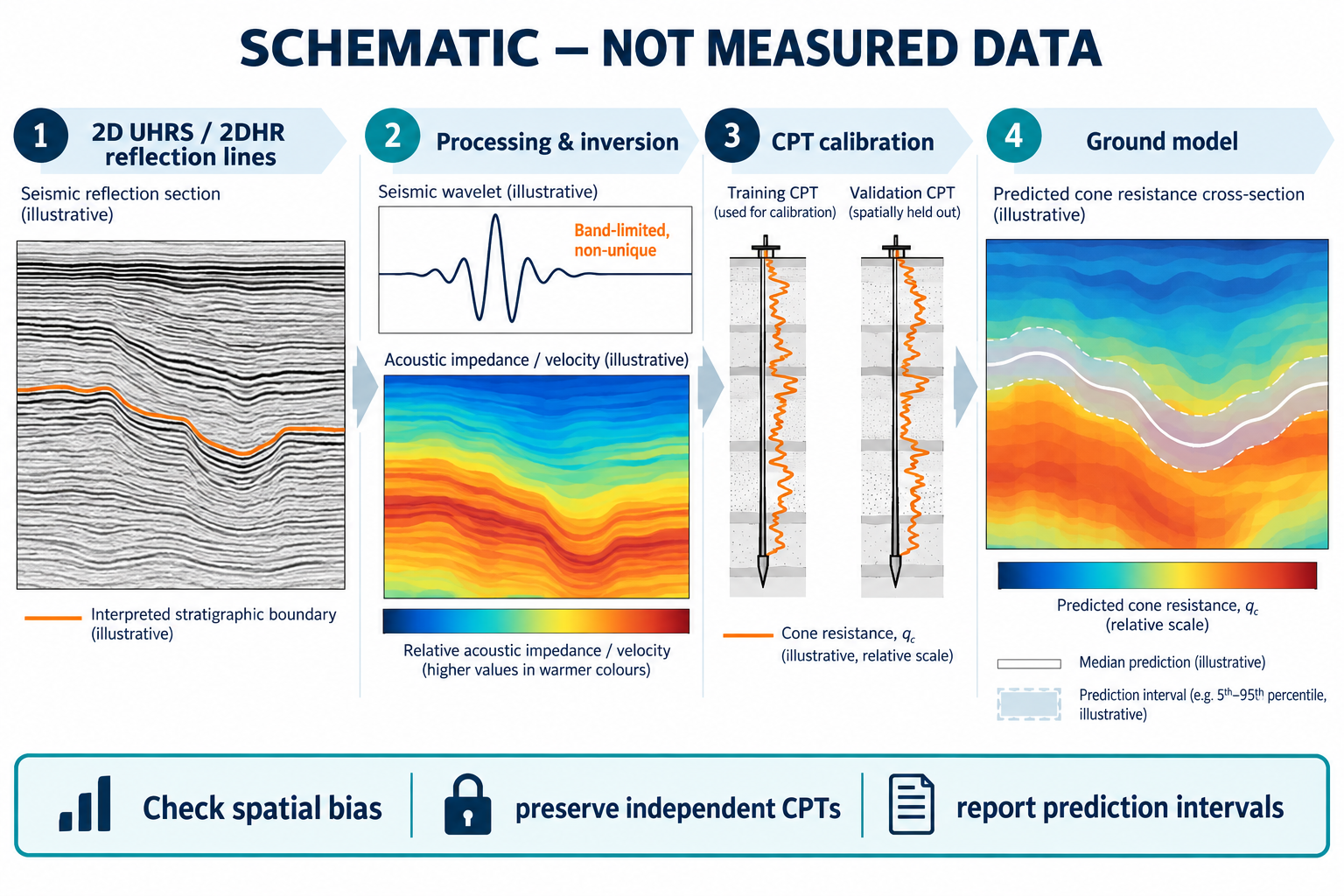 Schematic, not measured data: workflow from 2D UHRS reflection through inversion and CPT calibration to an uncertainty-aware cone-resistance ground model.